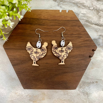 Wooden Dangle Earrings - Chicken - #2