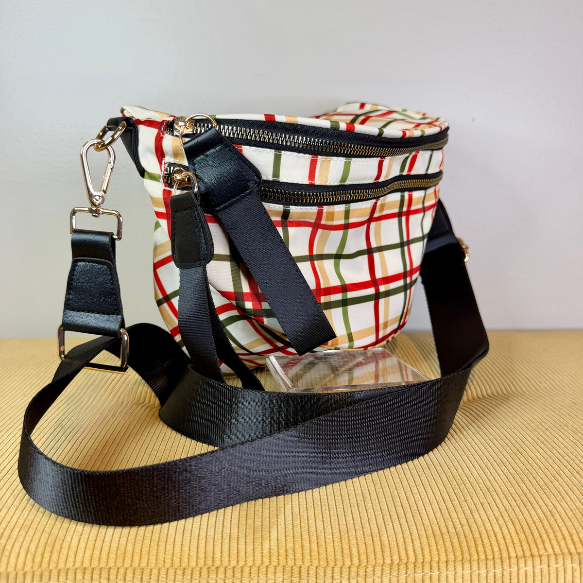The Roni Nylon Crossbody - Cream Plaid
