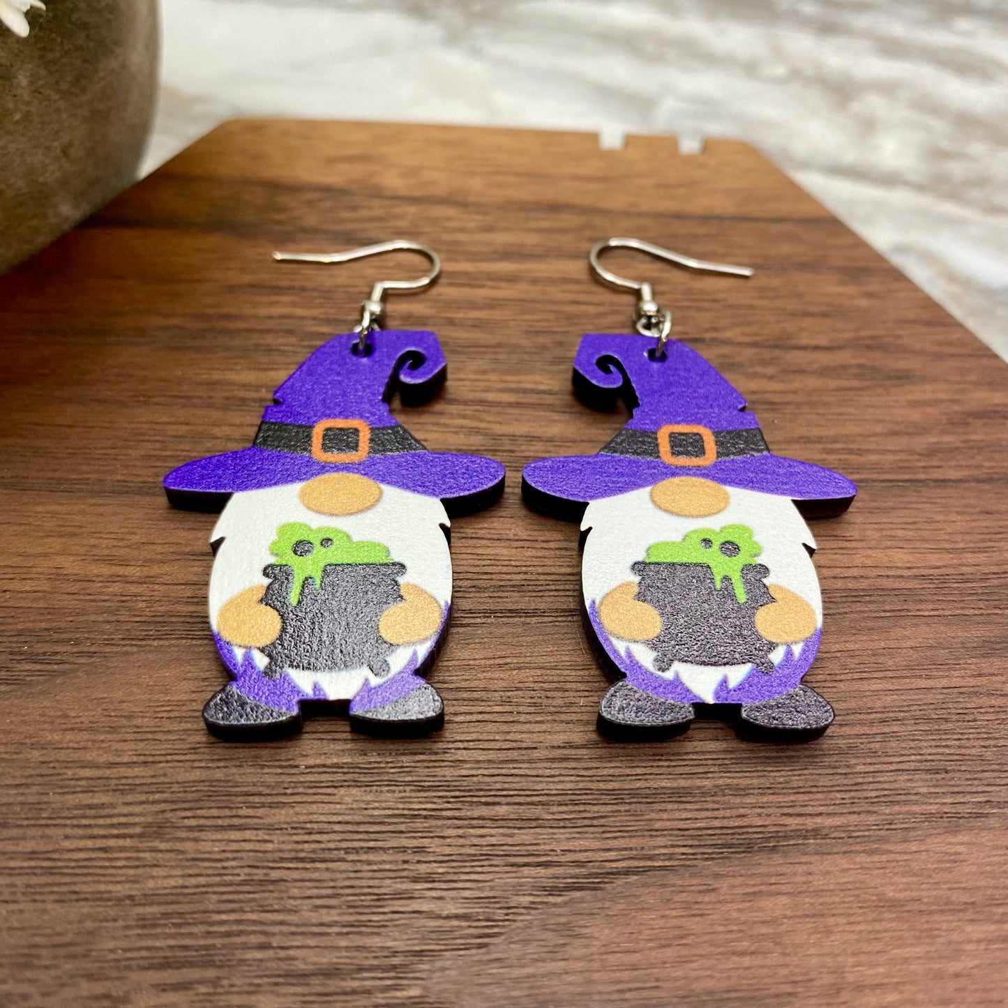 Wooden Dangle Earrings - Halloween - Gnome Cauldron