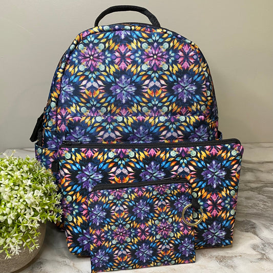 Mini Backpack, Pouch, & Mini Pouch Bundled Set - Bold Purple Orange Pink Tie Dye