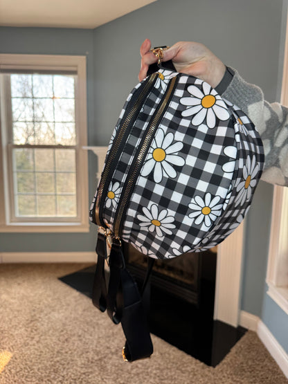 The Roni Nylon Crossbody - Black Gingham Daisy Floral