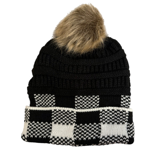 Beanie Hats - Black & White Buffalo Plaid