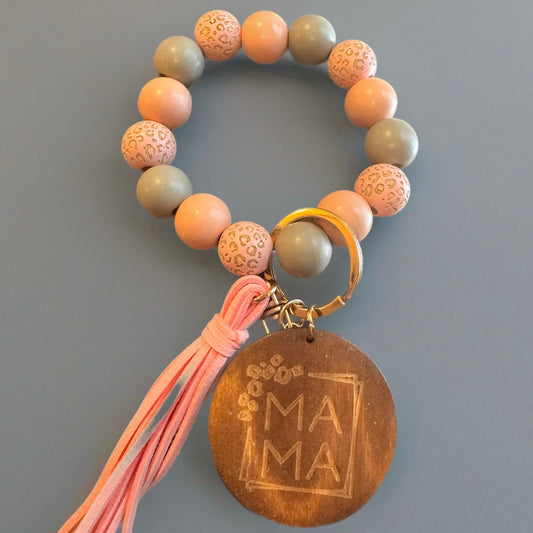 Wood Bracelet Keychain - Mama Pink/Gray