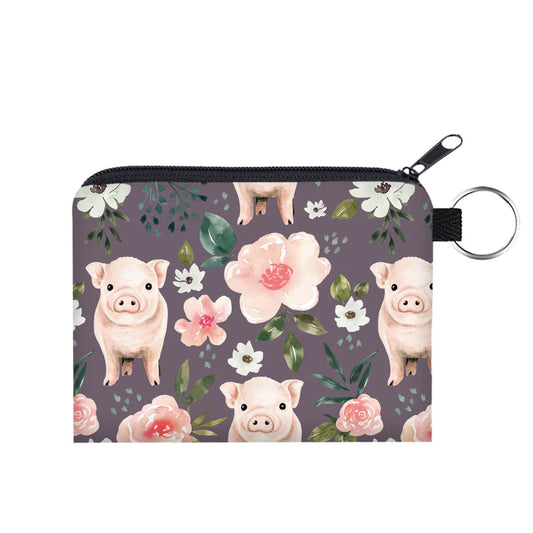 Card & Coin Purse - Pigs, Floral Purple