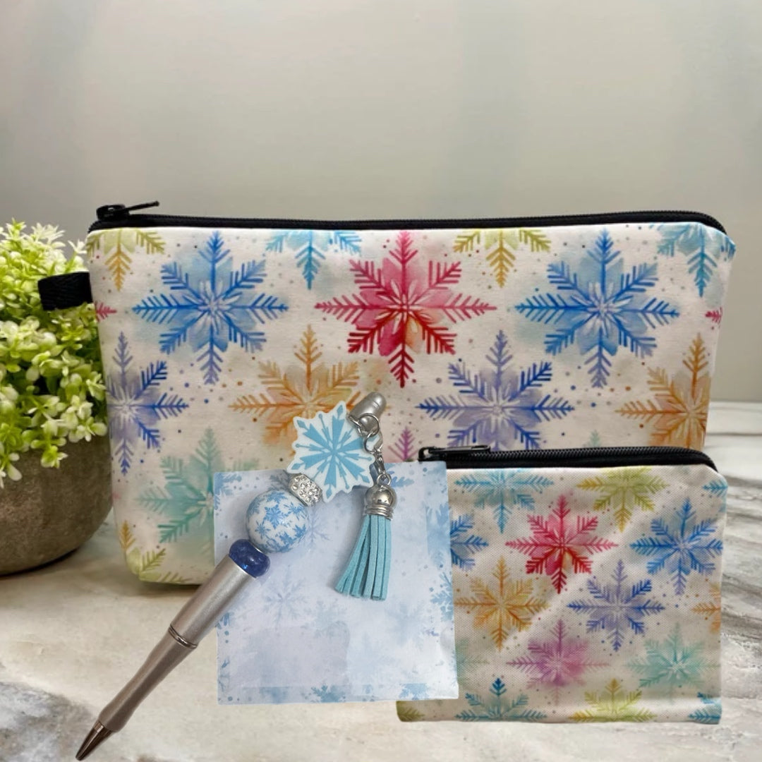 Pouch, Coin Purse, Pad & Pen Set -  Snow Flakes on White
