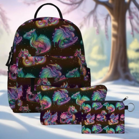 Mini Backpack, Pouch & Coin Purse Set - Rainbow Dragons