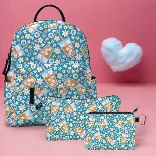 Mini Backpack, Pouch & Coin Purse Set - Coffee Blue Floral