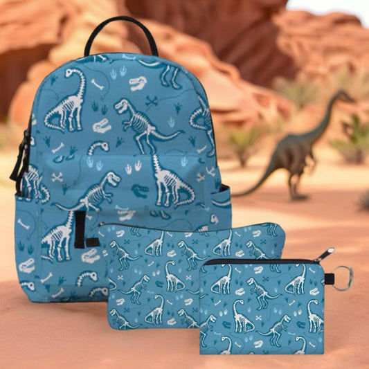 Mini Backpack, Pouch & Coin Purse Set - Dino Skeleton Blue