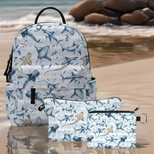 Mini Backpack, Pouch & Coin Purse Set - Ocean Blue Stripe Stingray Shark