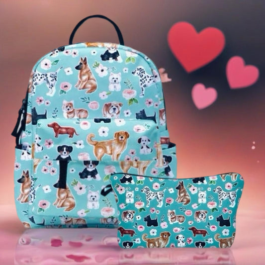 Mini Backpack & Pouch Set -  Dogs Mint Puppies