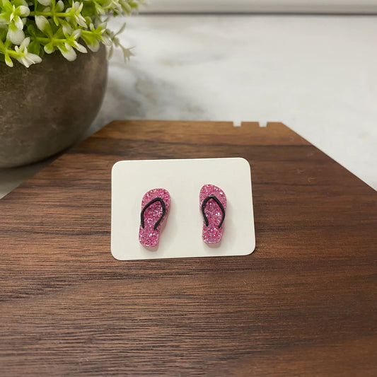 Wood + Acrylic Stud Earrings - Flip Flops Pink