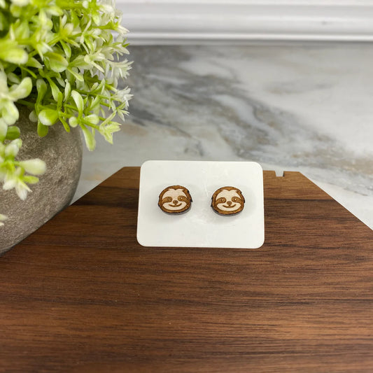 Wooden Stud Earrings - Sloth