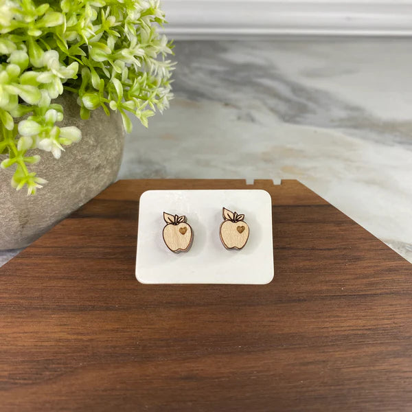 Wooden Stud Earrings - Apple w/Heart