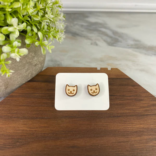 Wooden Stud Earrings - Cat