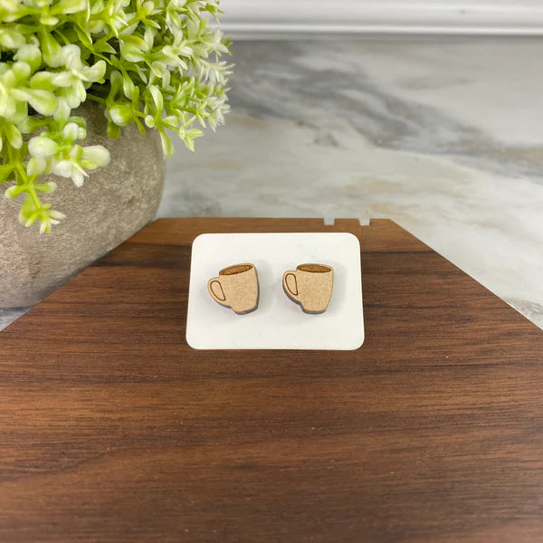 Wooden Stud Earrings - Coffee Mugs