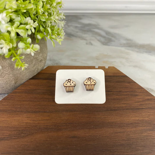 Wooden Stud Earrings - Cupcake