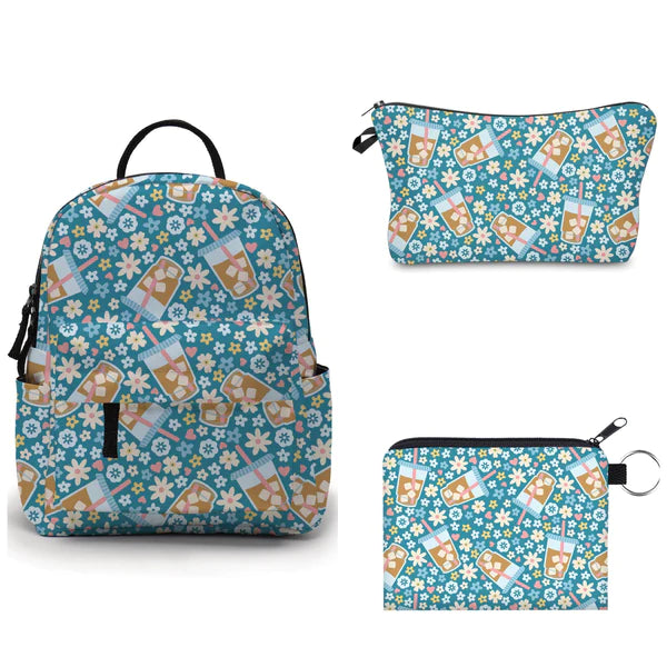 Mini Backpack, Pouch & Coin Purse Set - Coffee Blue Floral