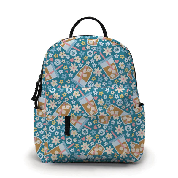 Mini Backpack, Pouch & Coin Purse Set - Coffee Blue Floral