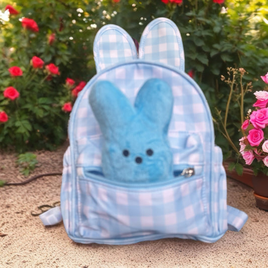 Mini Backpack - Easter - Gingham Bunny Ears - Blue w/Free Plush Bunny
