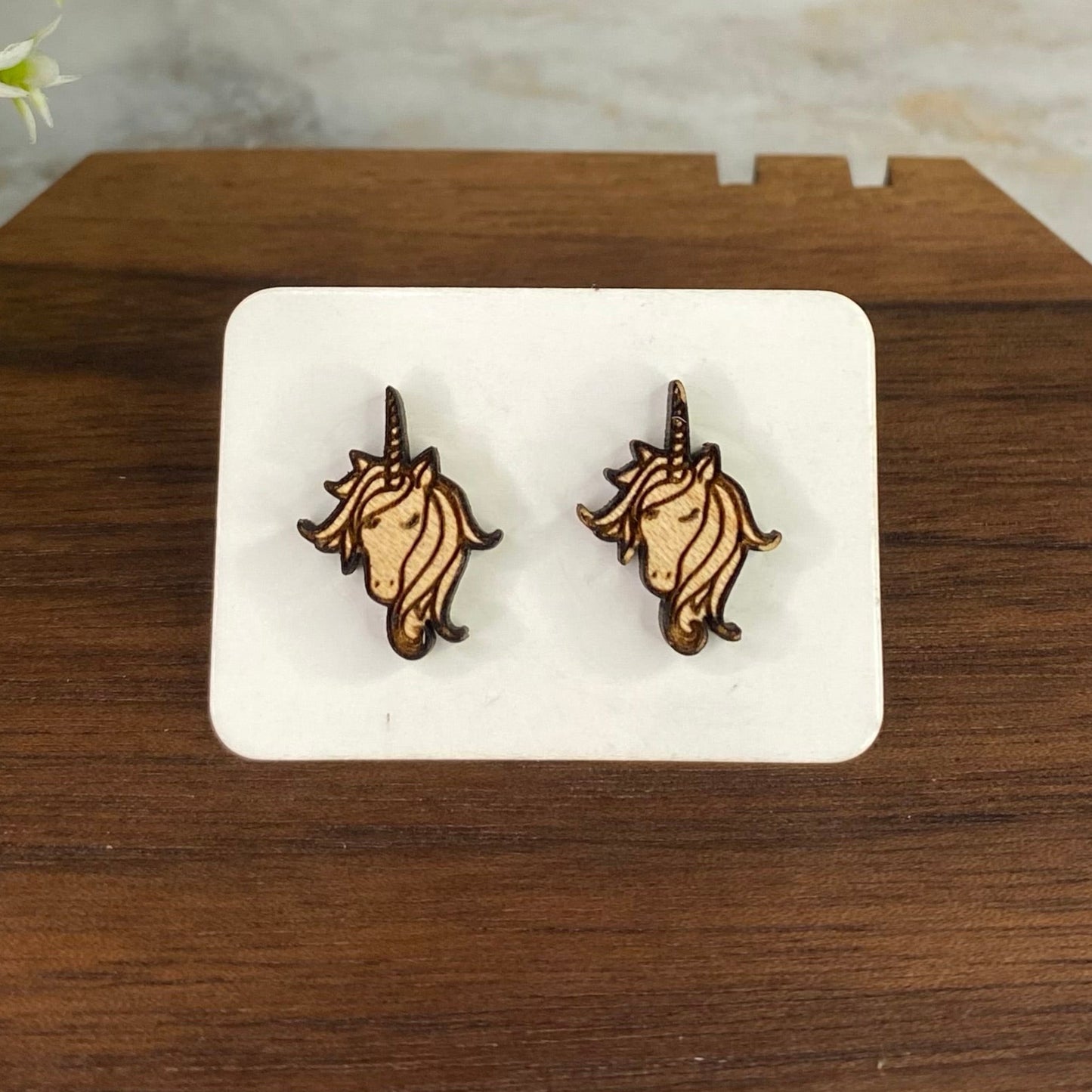 Wooden Stud Earrings - Unicorn