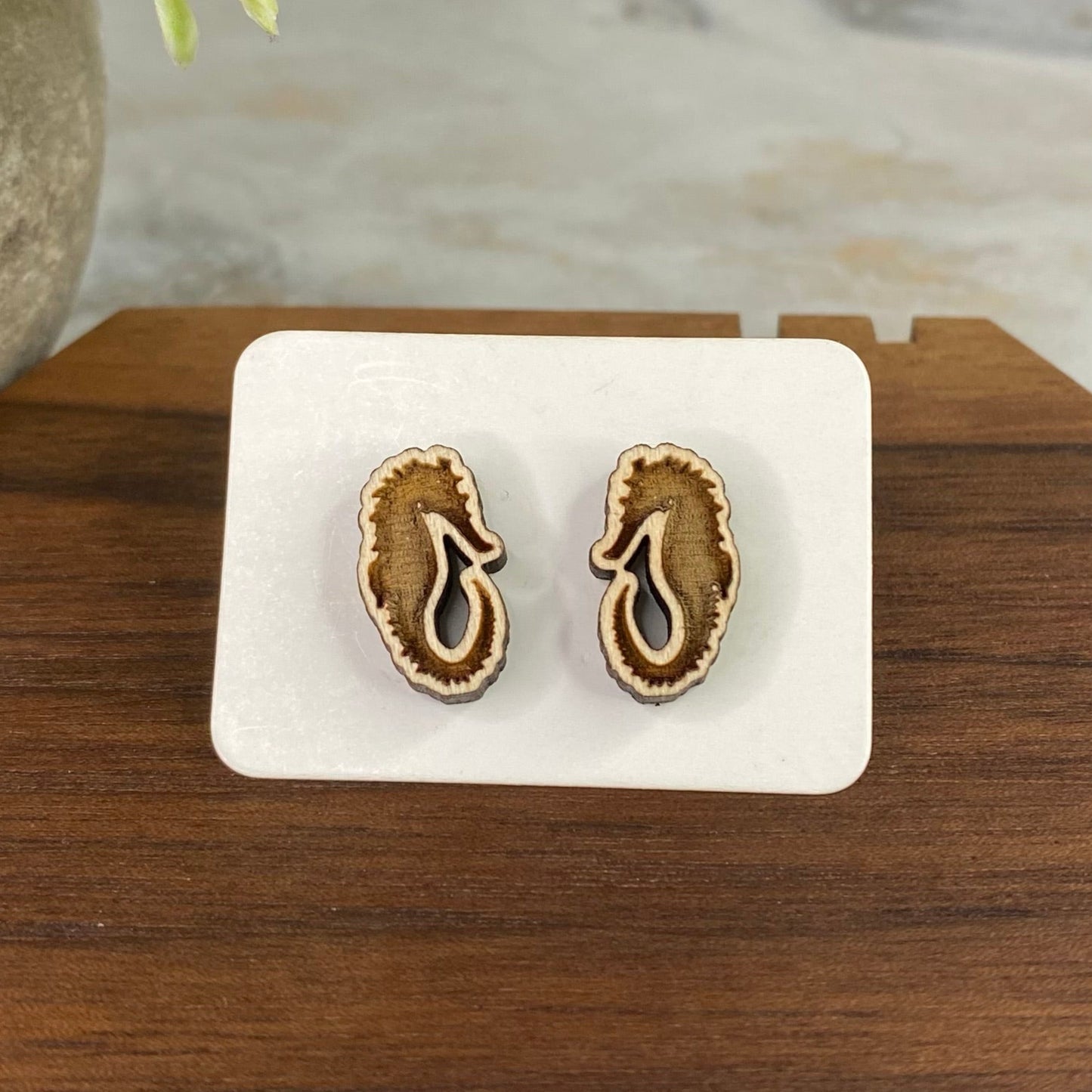 Wooden Stud Earrings - Seahorse