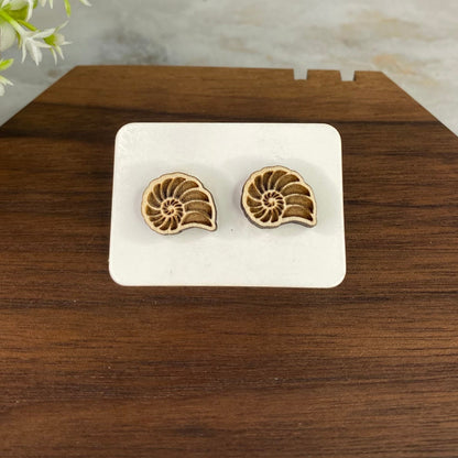 Wooden Stud Earrings - Spiral Shell