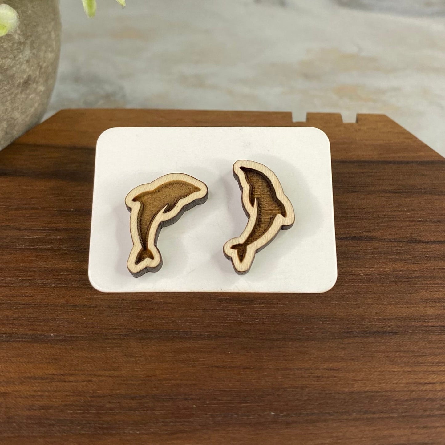 Wooden Stud Earrings - Dolphin