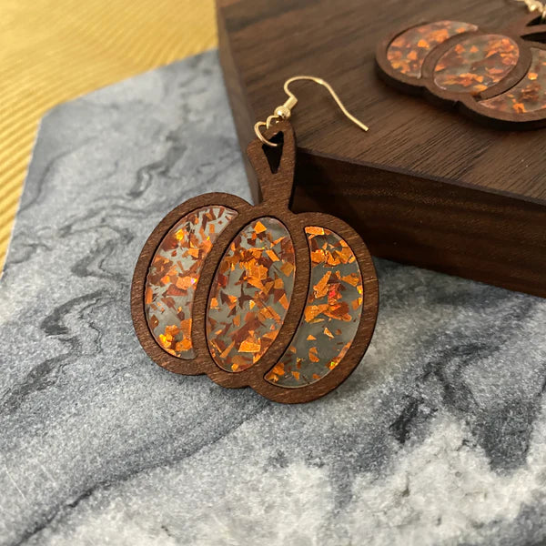 Earrings - Wooden Pumpkin Clear Orange Glitter