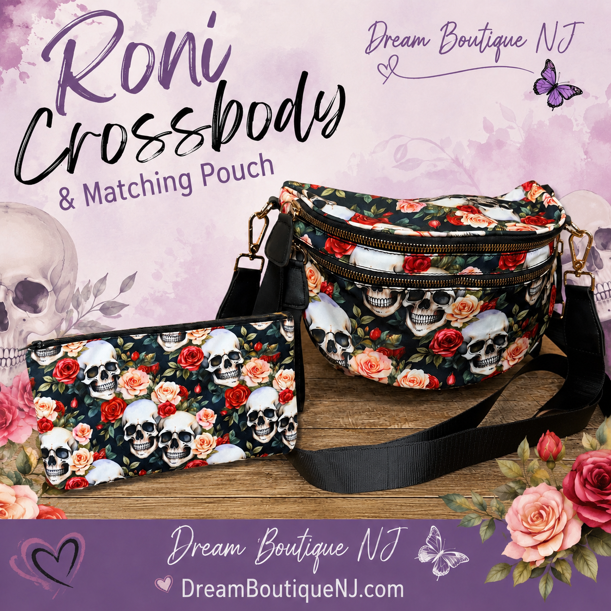 Bundled Set - Roni & Pouch - Halloween Skull Roses