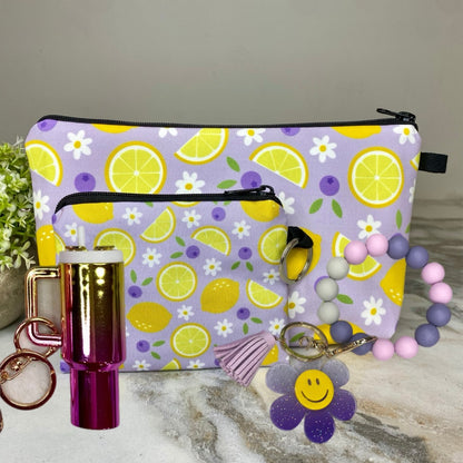 Pouch, Mini Pouch, Lip Balm Tumbler & Silicone Daisy Keychain - Blueberry Lemon