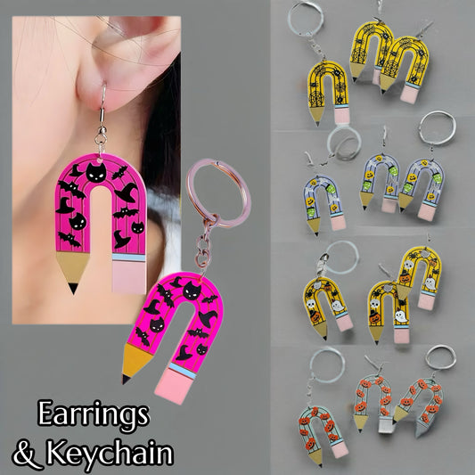 Halloween Rainbow Pencil Earrings & Keychain Set