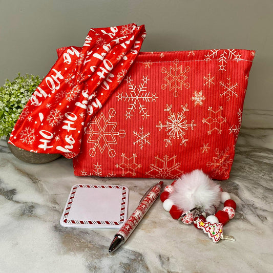 Corduroy Zip Pouch Gift Set - Christmas Snowflake Red