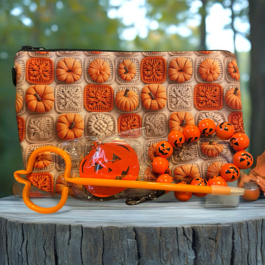 Crochet Pumpkin Pouch, Wristlet, Earrings & Pen Set
