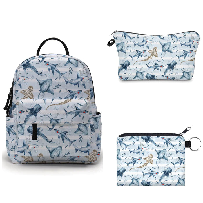 Mini Backpack, Pouch & Coin Purse Set - Ocean Blue Stripe Stingray Shark