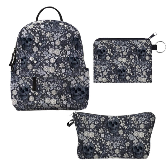 Mini Backpack, Pouch & Coin Purse Set - Gray Skull Embroidery