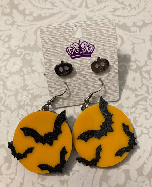 Halloween Moon/Bats & Pumpkin Earring Set- orange