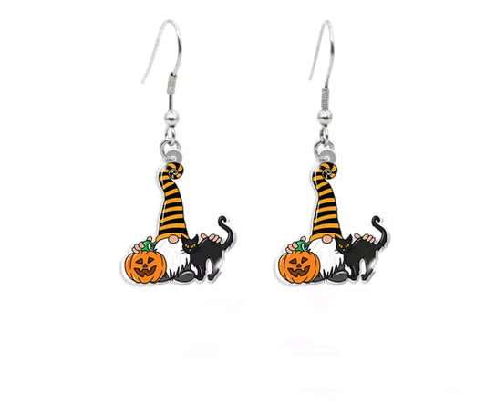 Earrings - Halloween Gnome with Pumpkin & Cat