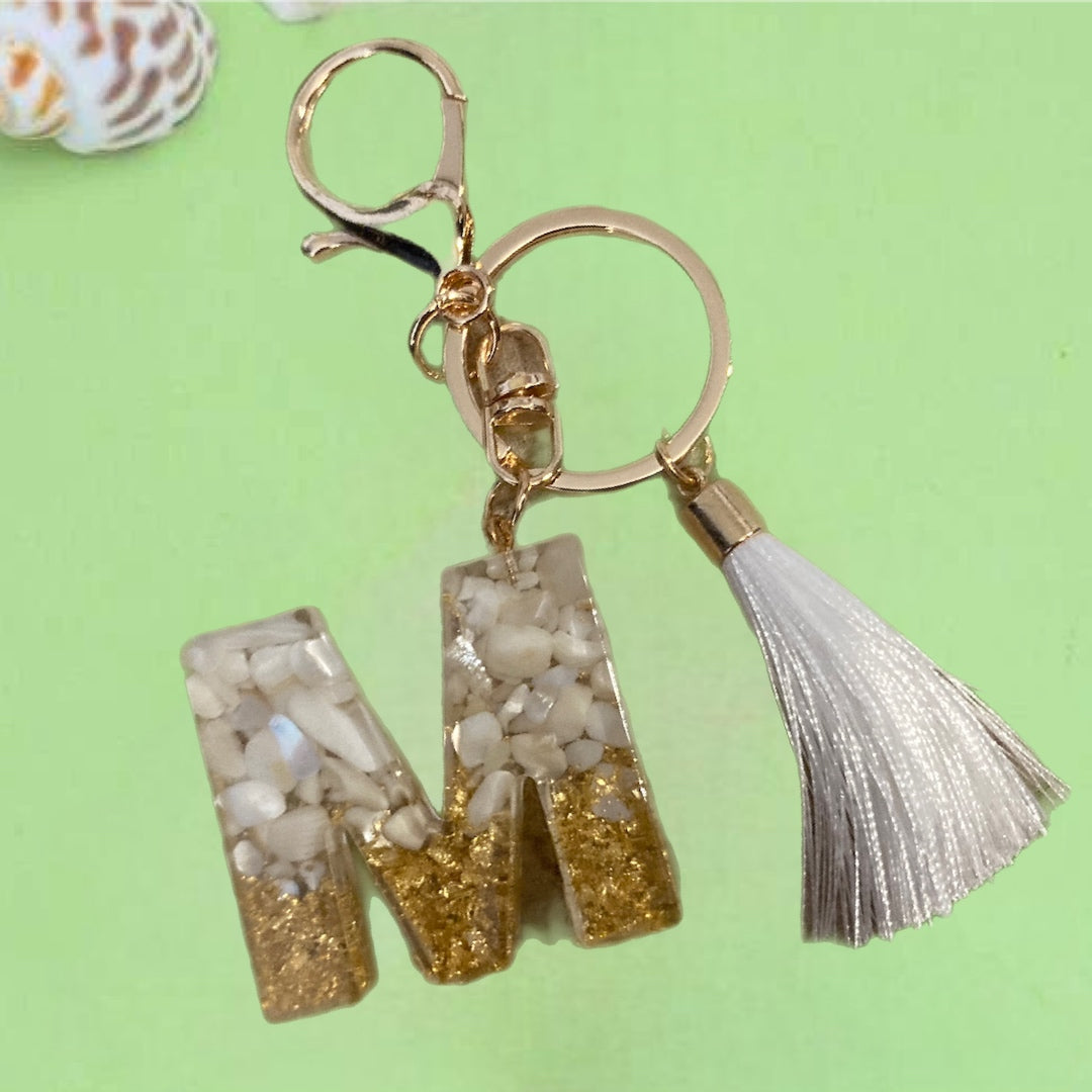 Initial Key Chain - white & gold