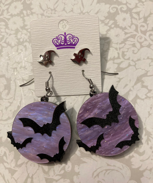 Halloween Moon/Bats & Ghost Earring Set- purple