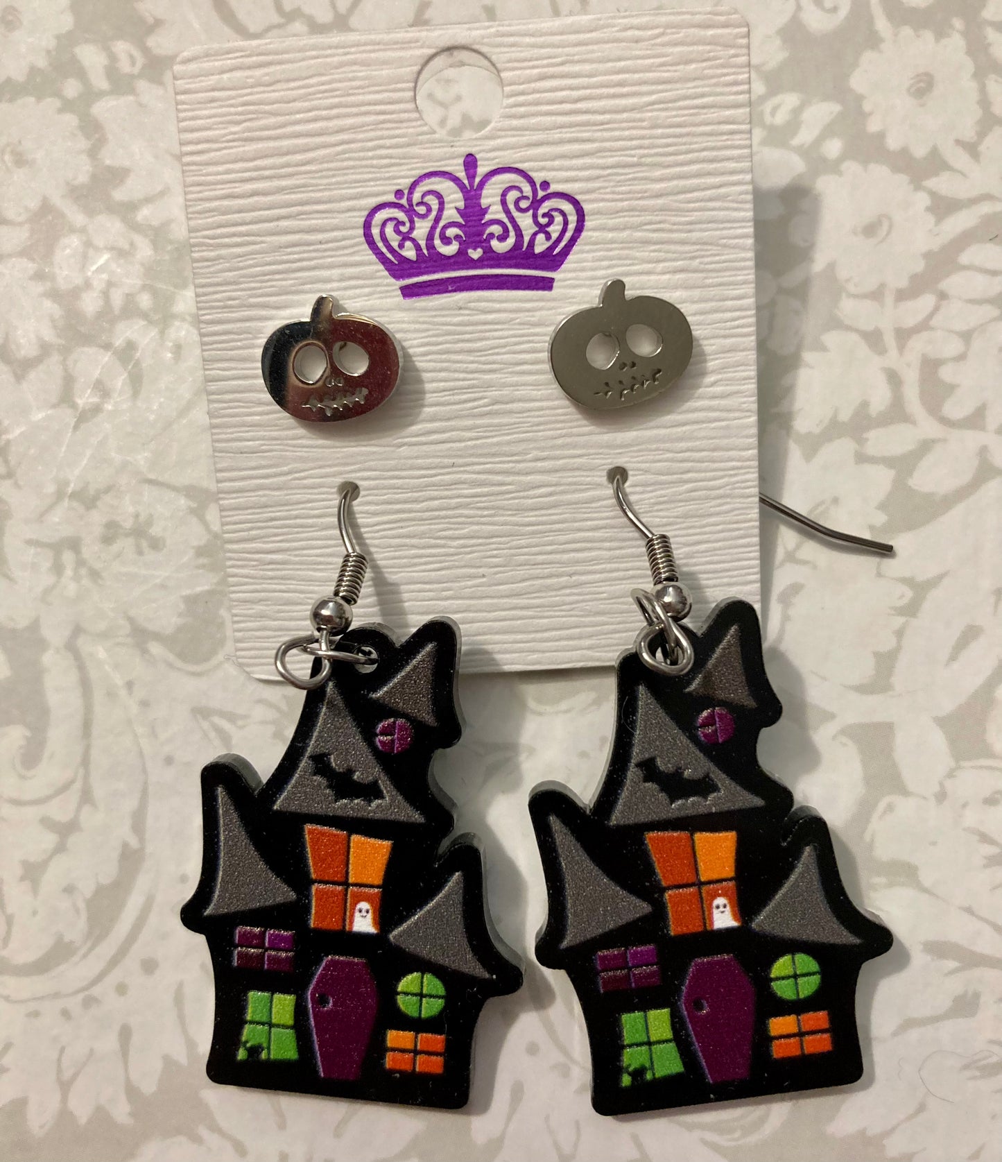 Halloween Haunted House & Pumpkin Earring Set- purple