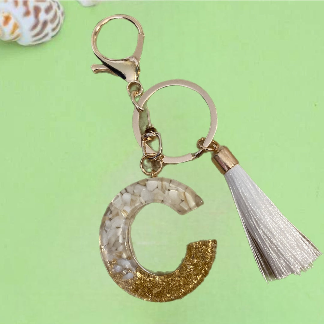 Initial Key Chain - white & gold