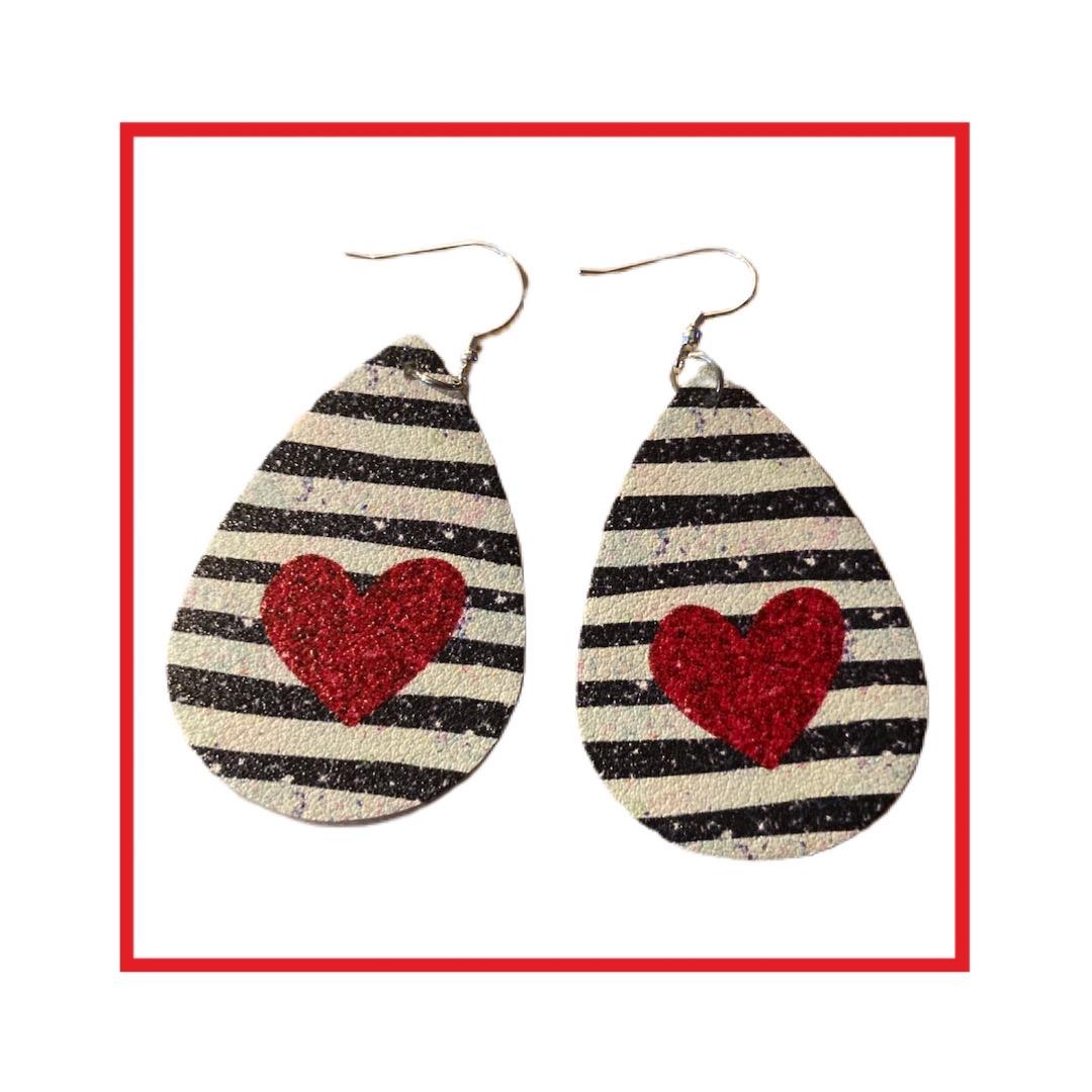 Black & White Stripe Red Heart Earrings